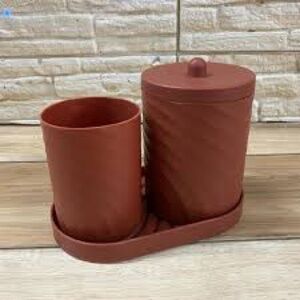 NIP 3-Piece Jar With Tray Set Brown Bathroom Decor Durable plastic